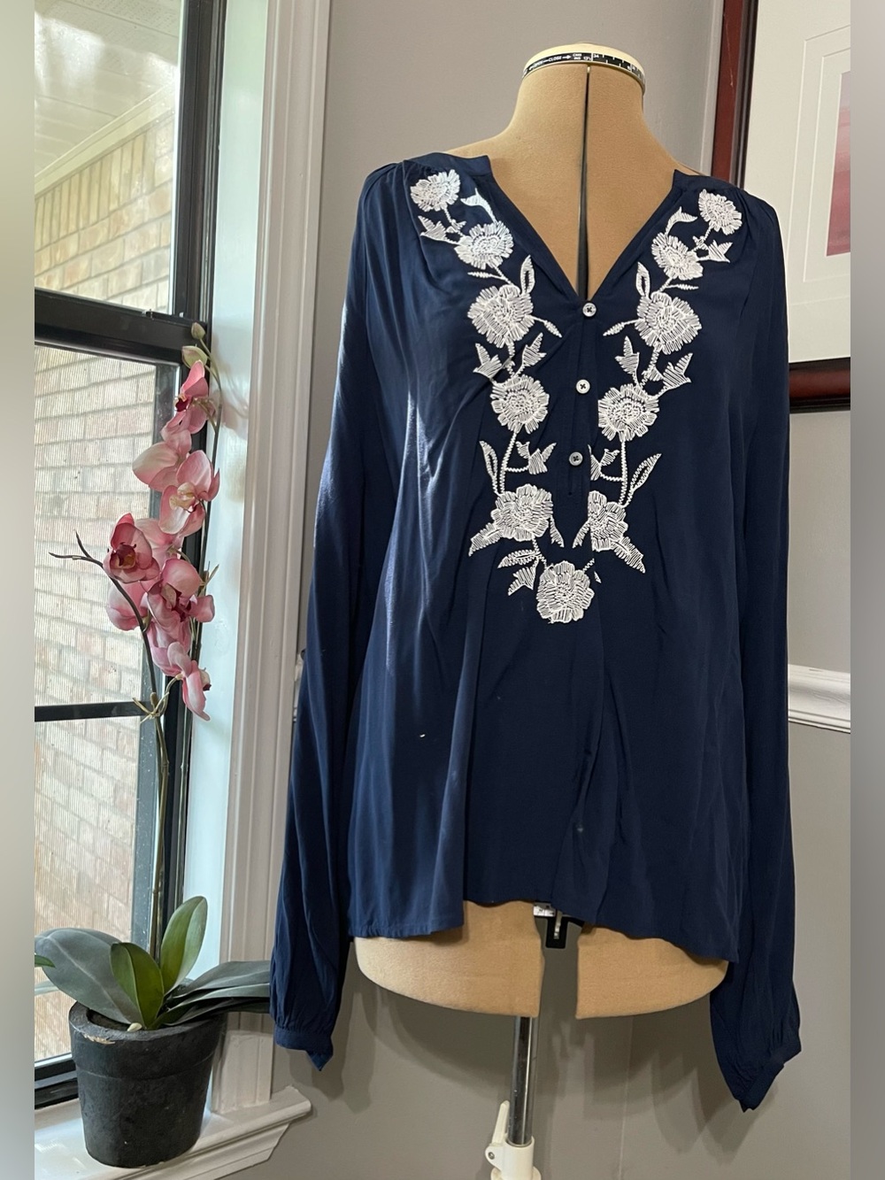LOFT Navy Blouse with White Floral Embroidery